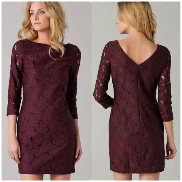 Diane von Furstenberg Aubergine Sarita Lace Dress Cocktail Burgundy Floral Sz 2 - Picture 1 of 8